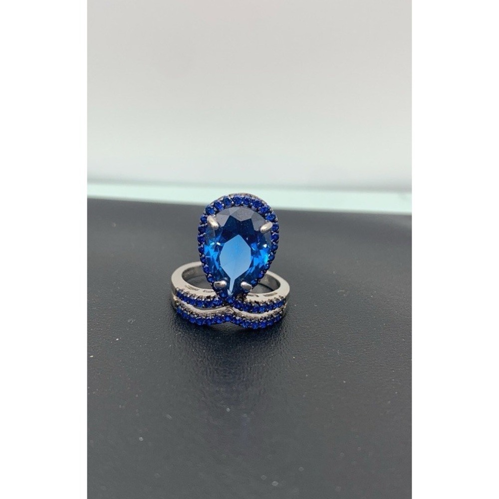 BBJ, Bangkok, Sterling Silver 925 Faux Sapphire Blue Statement Ring, Size 6.75